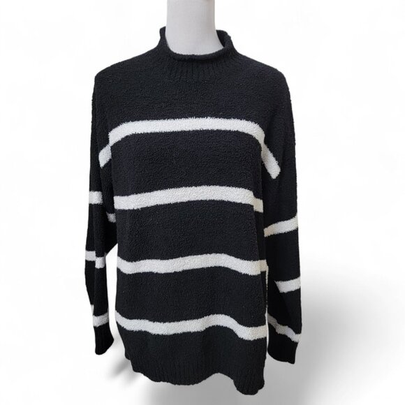 Retrology Size 2X Black White Super Soft Mock Neck Striped Sweater - Picture 1 of 11